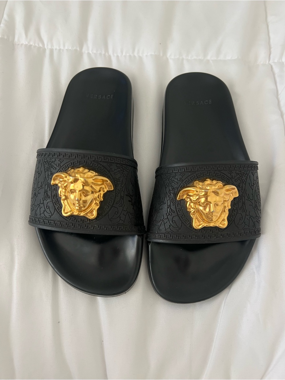 Versace Black Slides with Gold Medusa Plaques